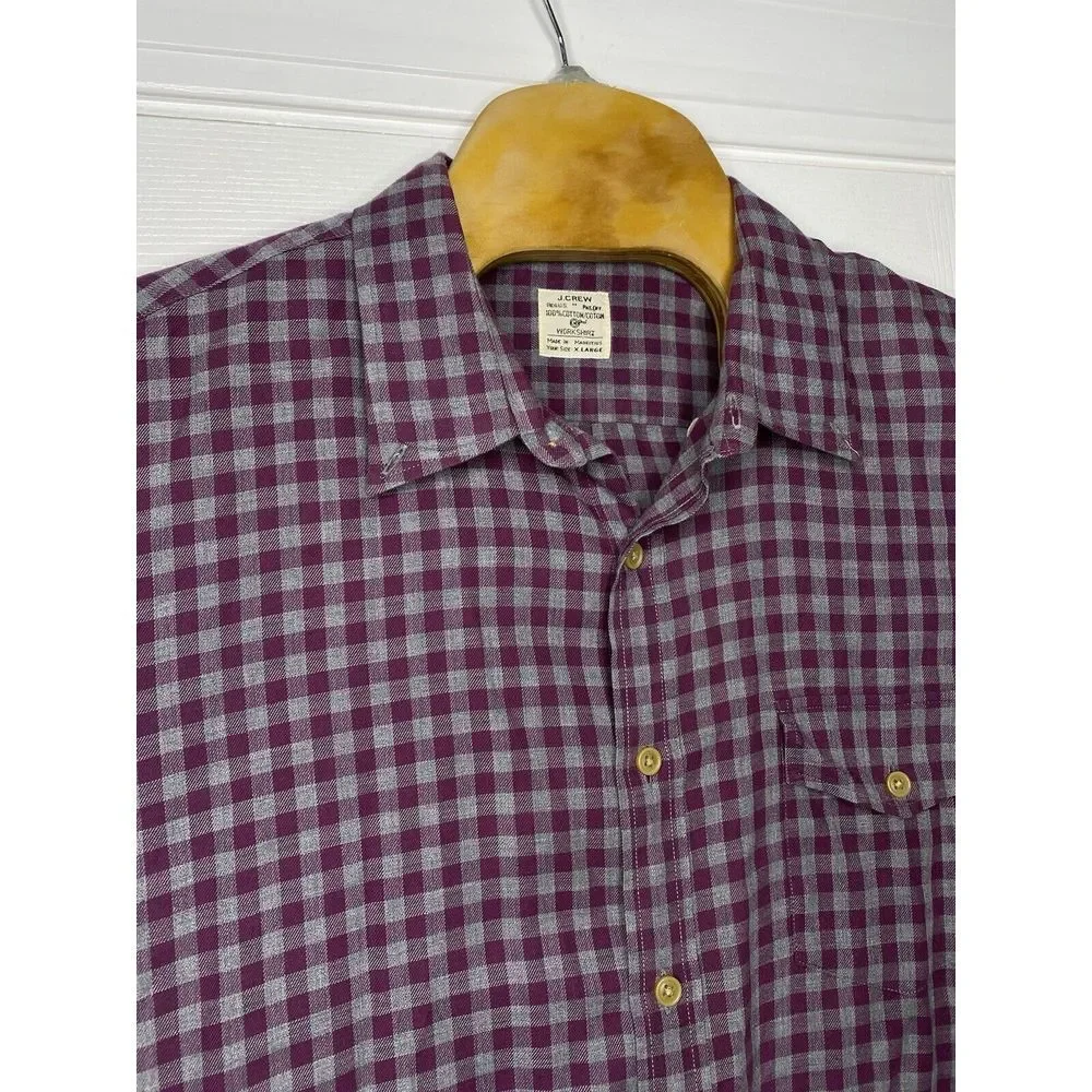 J‎ Crew Mens Work Shirt Long Sleeve Button Front Purple Grey Plaid XL